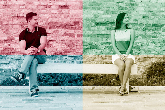 Edited artistic version of a couple sitting near a Venetian wall