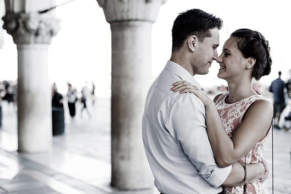 Black and white engagement portrait in Venice