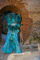 Couple in colorful costumes standing against ancient stone walls in Venice