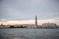 Panoramic view of Venice lagoon and St. Mark's Square during sunset.