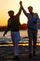 A joyful couple celebrating their proposal in Venice