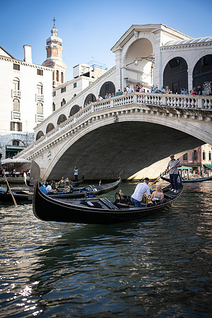 A romantic surprise proposal on a gondola under the iconic Rialto Bridge.