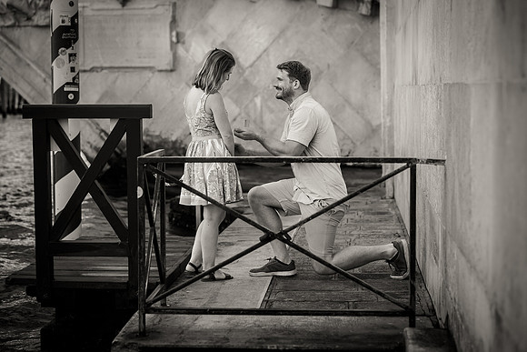 Black and white image of a proposal in Venice