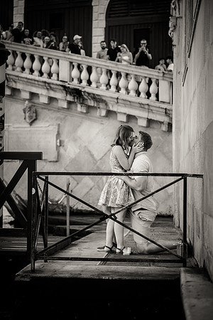 Black and white engagement portrait near Rialto Bridge