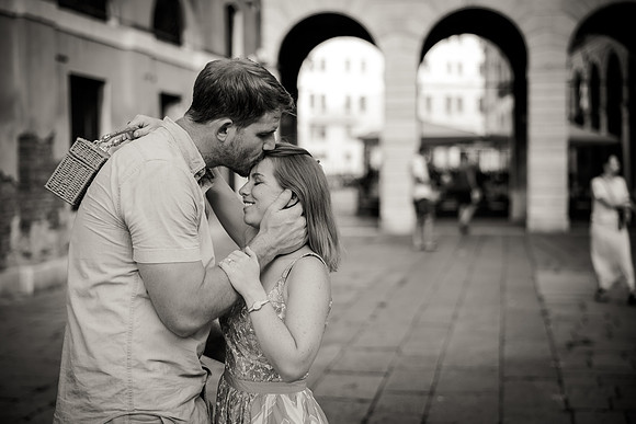 Black and white portrait of an engaged couple in Venice