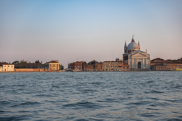 Venice skyline at sunset seen from Linea d'Ombra restaurant.
