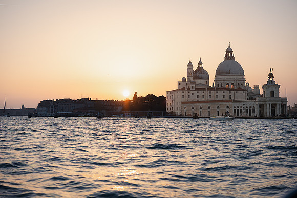 Sunset view of Santa Maria della Salute from water taxi
