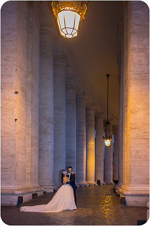 Bride and groom embrace in a scenic park in Rome during their honeymoon photoshoot.