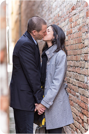 Close up of a couple embracing during a winter photoshoot in Venice