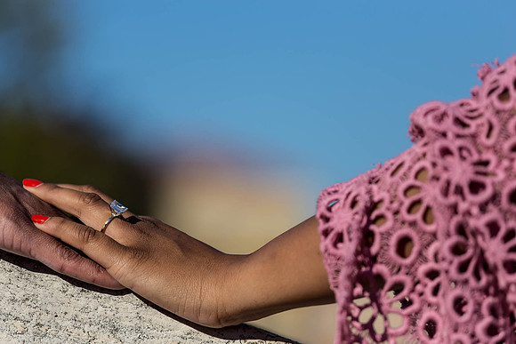 Close-up of engagement ring after proposal in Venice.