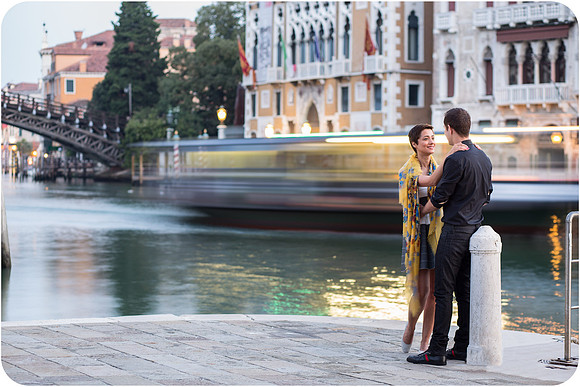 Lovers near Ca' Rezzonico during a romantic honeymoon session