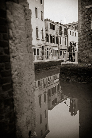 Black and white scene of Venice canals