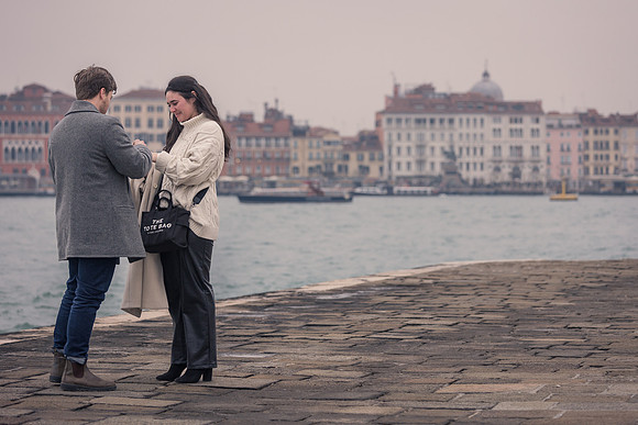 Winter engagement by Venice waterfront