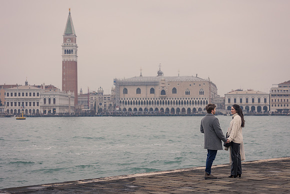 Surprise proposal in Venice with San Giorgio Maggiore in background