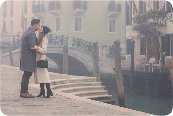 Loving embrace on foggy morning in Venice proposal