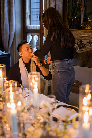 The couple enjoys their first evening as fiancés in an elegant setting.